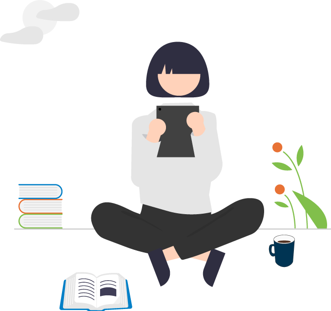 Woman reading on a tablet with books, plants and a cup of coffee next to her